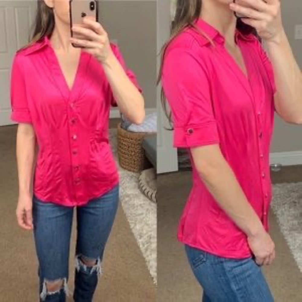Cache hot pink satin button down top